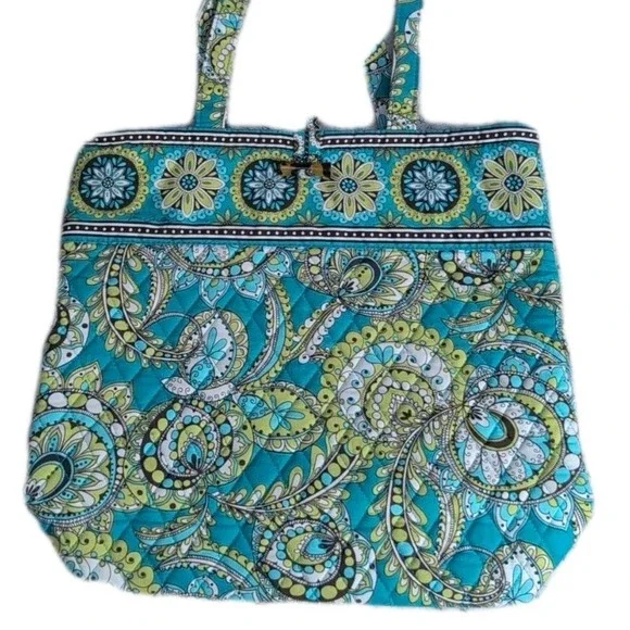 NWOT Vera Bradley Retired Peacock Pattern Teal Lime Green Large Purse Tote - Picture 2 of 7